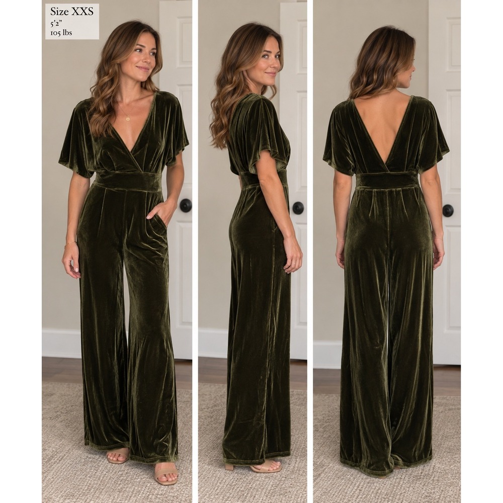 Cider Olive Green Velvet Wide Leg Jumpsuit V-Neck Short Sleeve XXS NWT